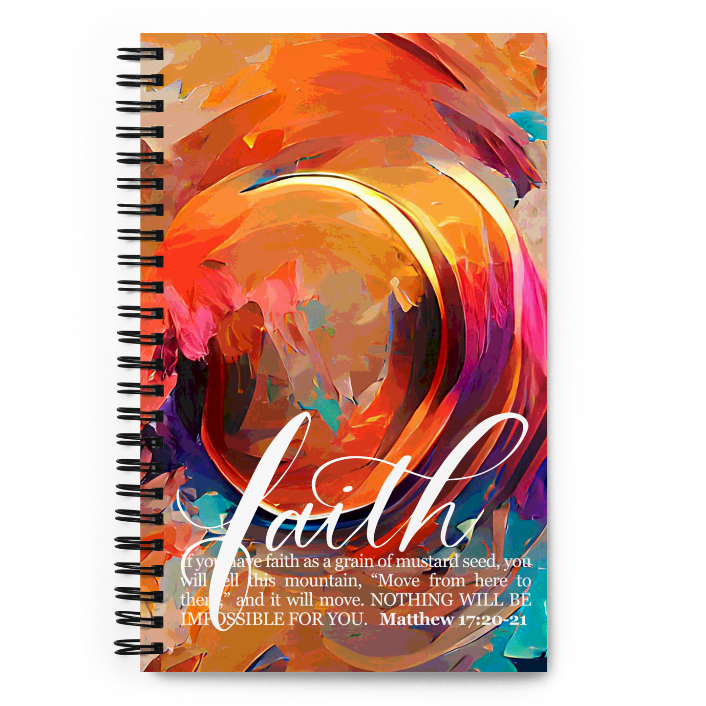 Colorful notebook with faith written in cursive script on front