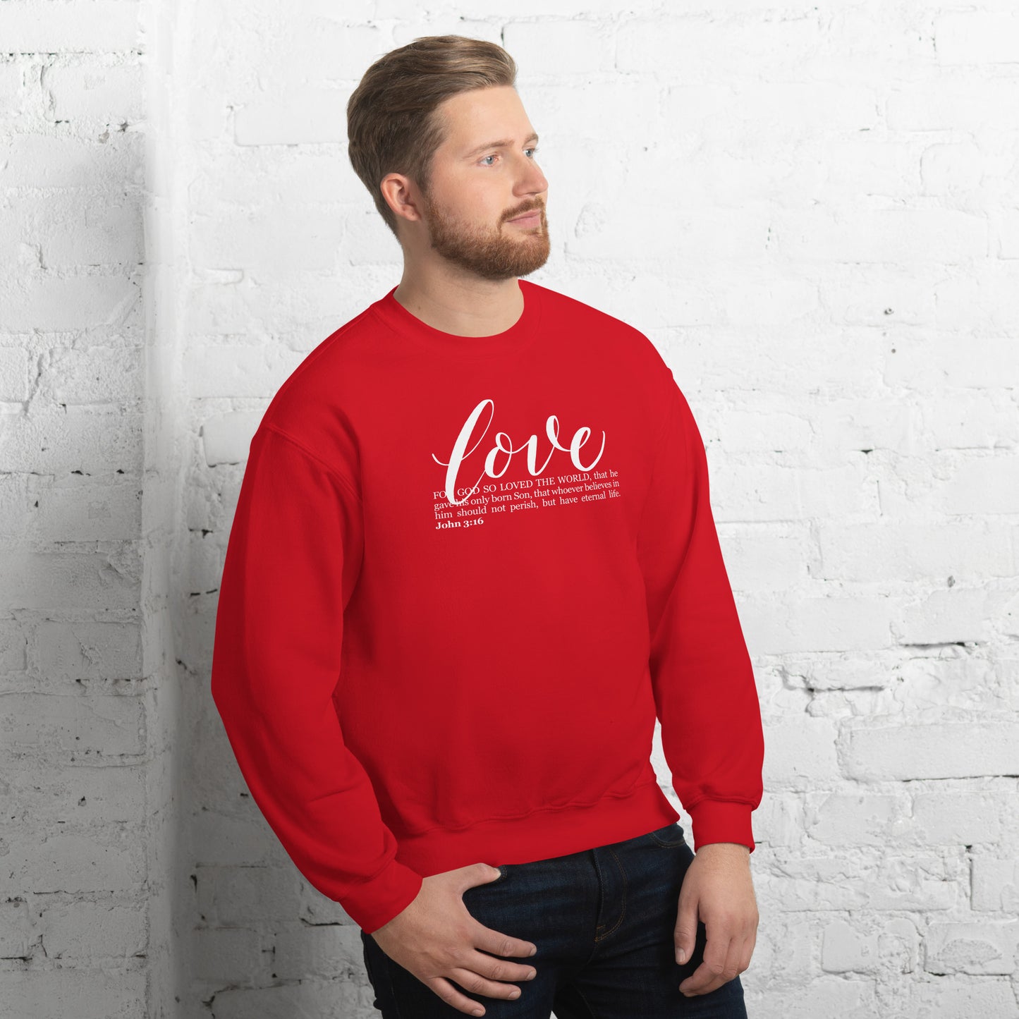 LOVE | Script & Scripture Sweatshirt - John 3:16 (RED/WHITE)