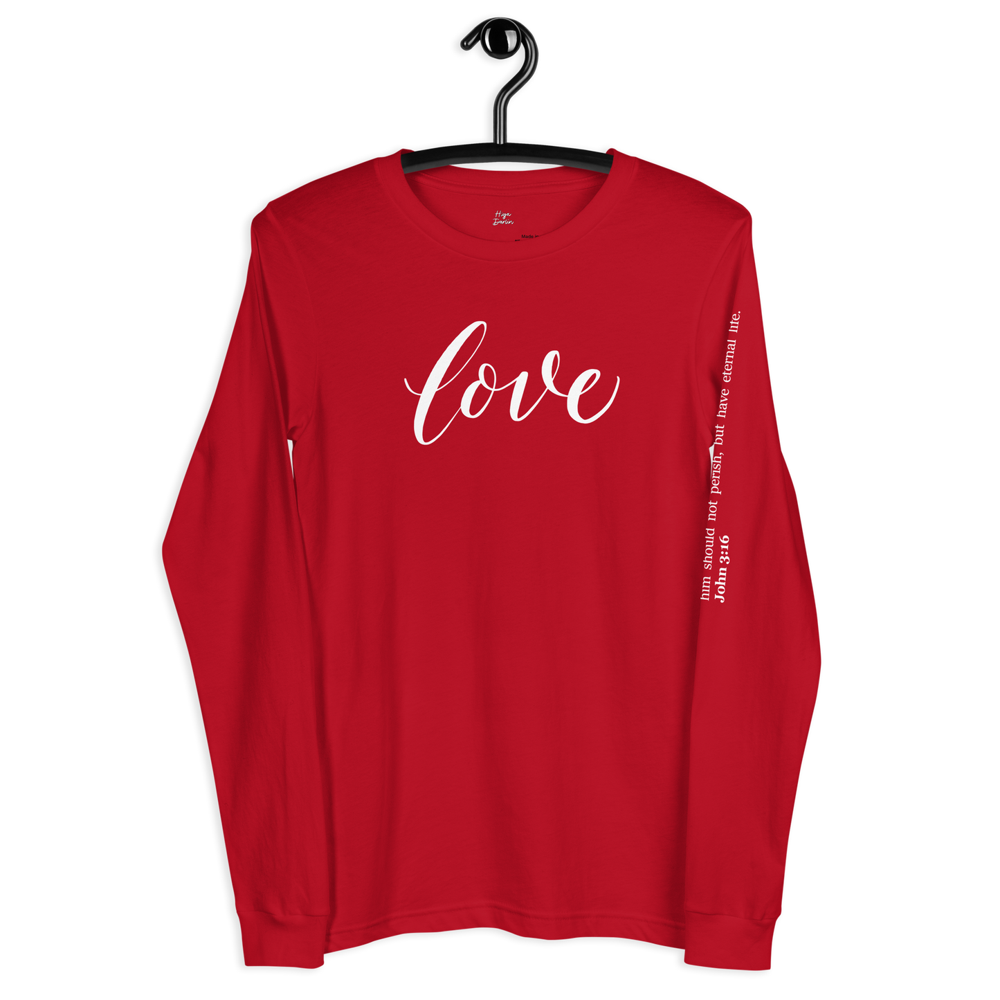 Red t-shirt on hangar with LOVE written in script and scripture on sleeve