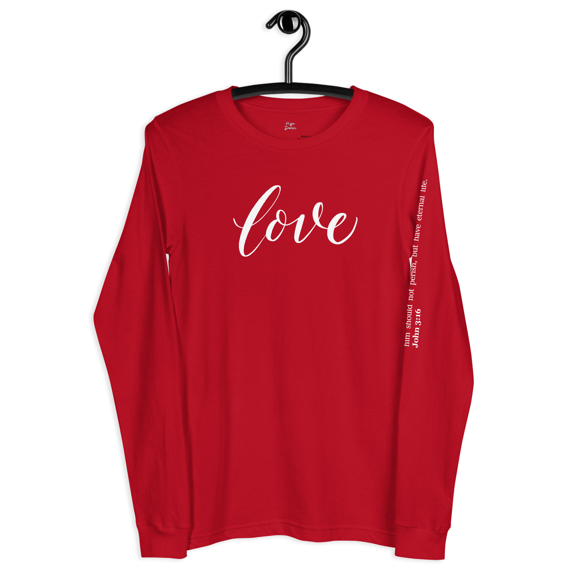 Red t-shirt on hangar with LOVE written in script and scripture on sleeve