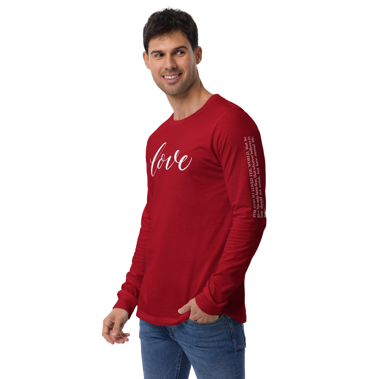 LOVE | Script & Scripture Long Sleeve Tee - John 3:16 (RED/WHITE)