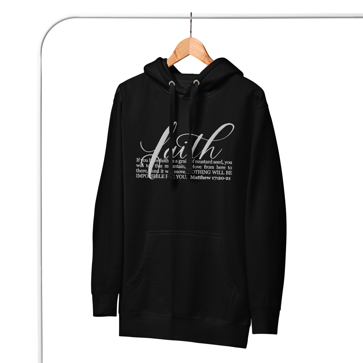 FAITH | Script & Scripture Premium Embroidered Hoodie - Matthew 17 (BLACK/WHITE)