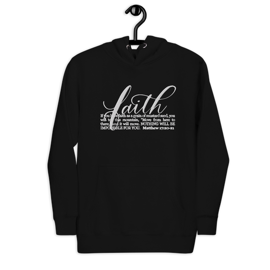 FAITH | Script & Scripture Premium Embroidered Hoodie - Matthew 17 (BLACK/WHITE)