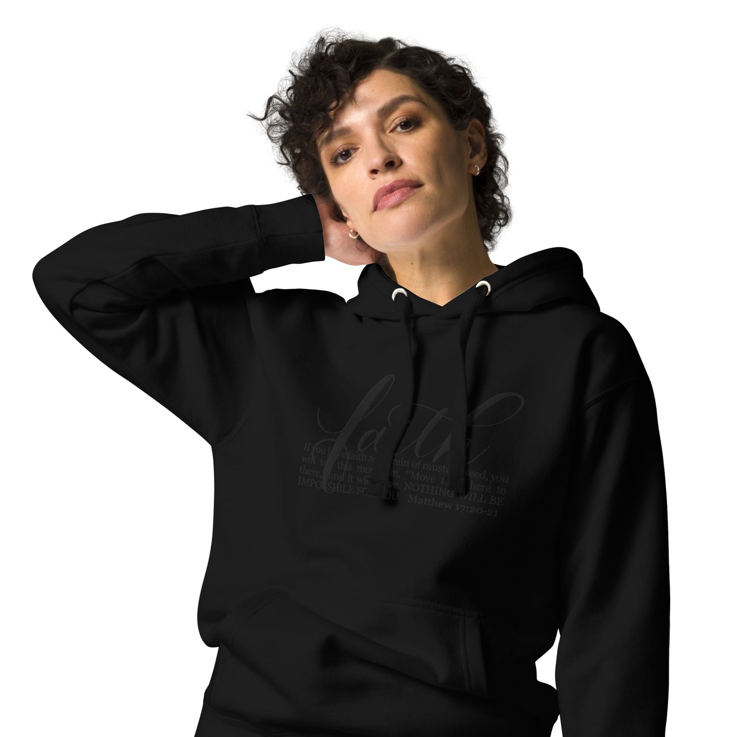 FAITH | Script & Scripture Premium Embroidered Hoodie - Matthew 17 (BLACK/BLACK) Unisex