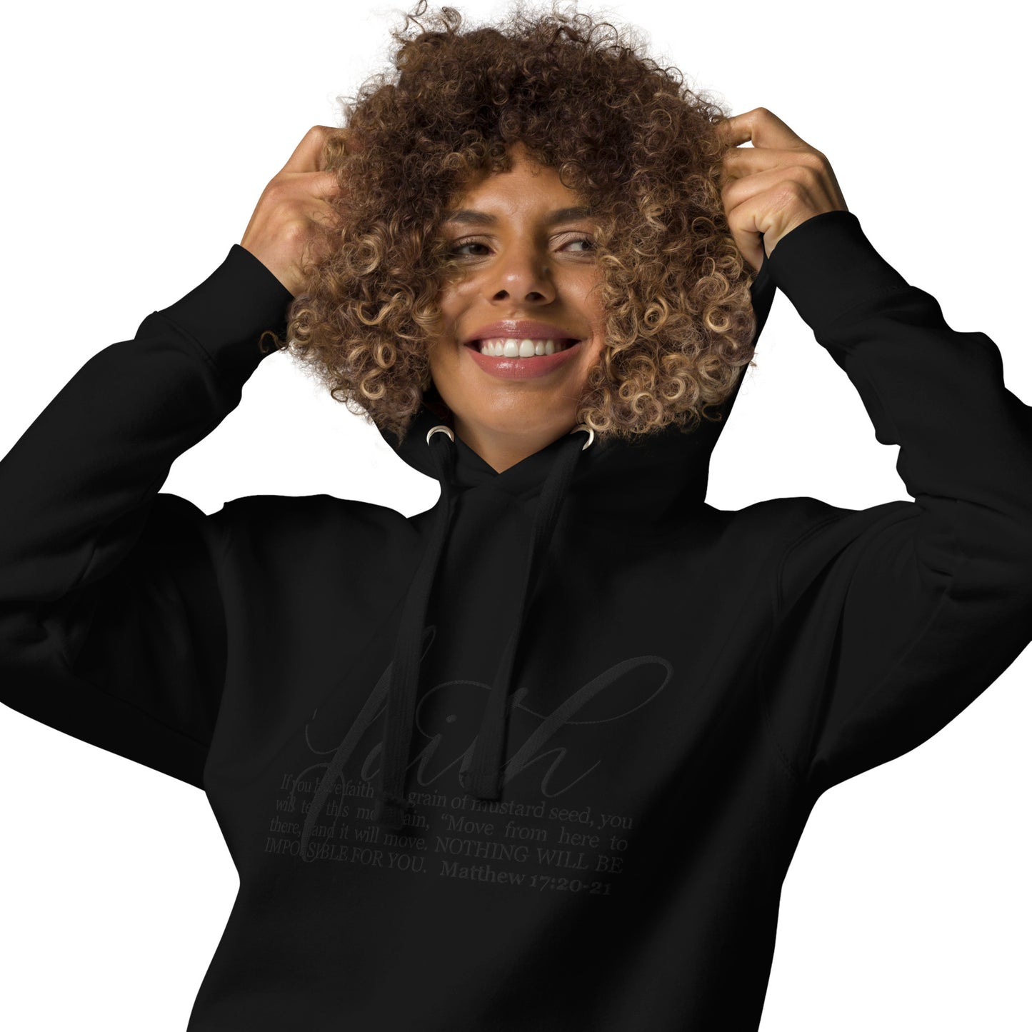 FAITH | Script & Scripture Premium Embroidered Hoodie - Matthew 17 (BLACK/BLACK) Unisex