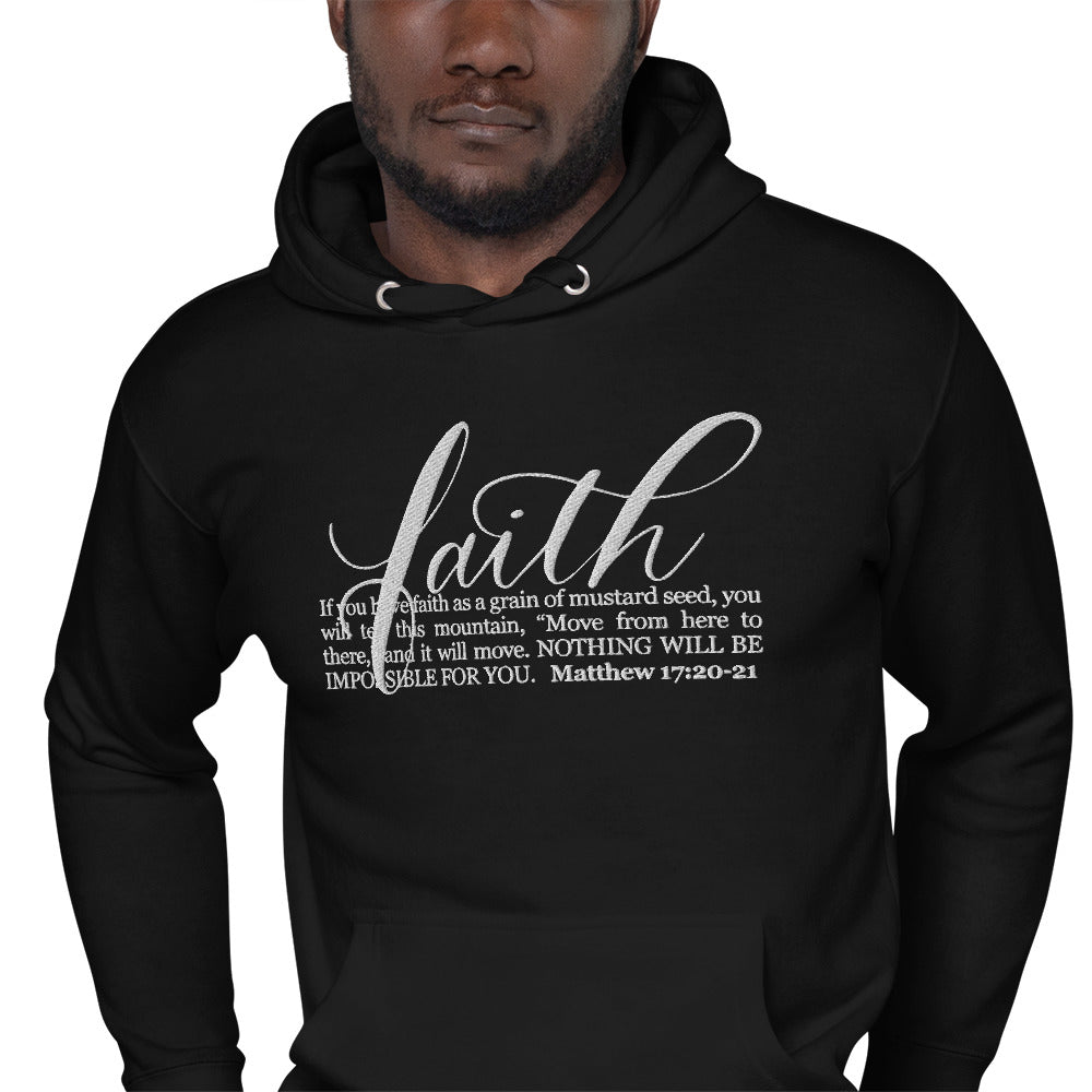 FAITH | Script & Scripture Premium Embroidered Hoodie - Matthew 17 (BLACK/WHITE)