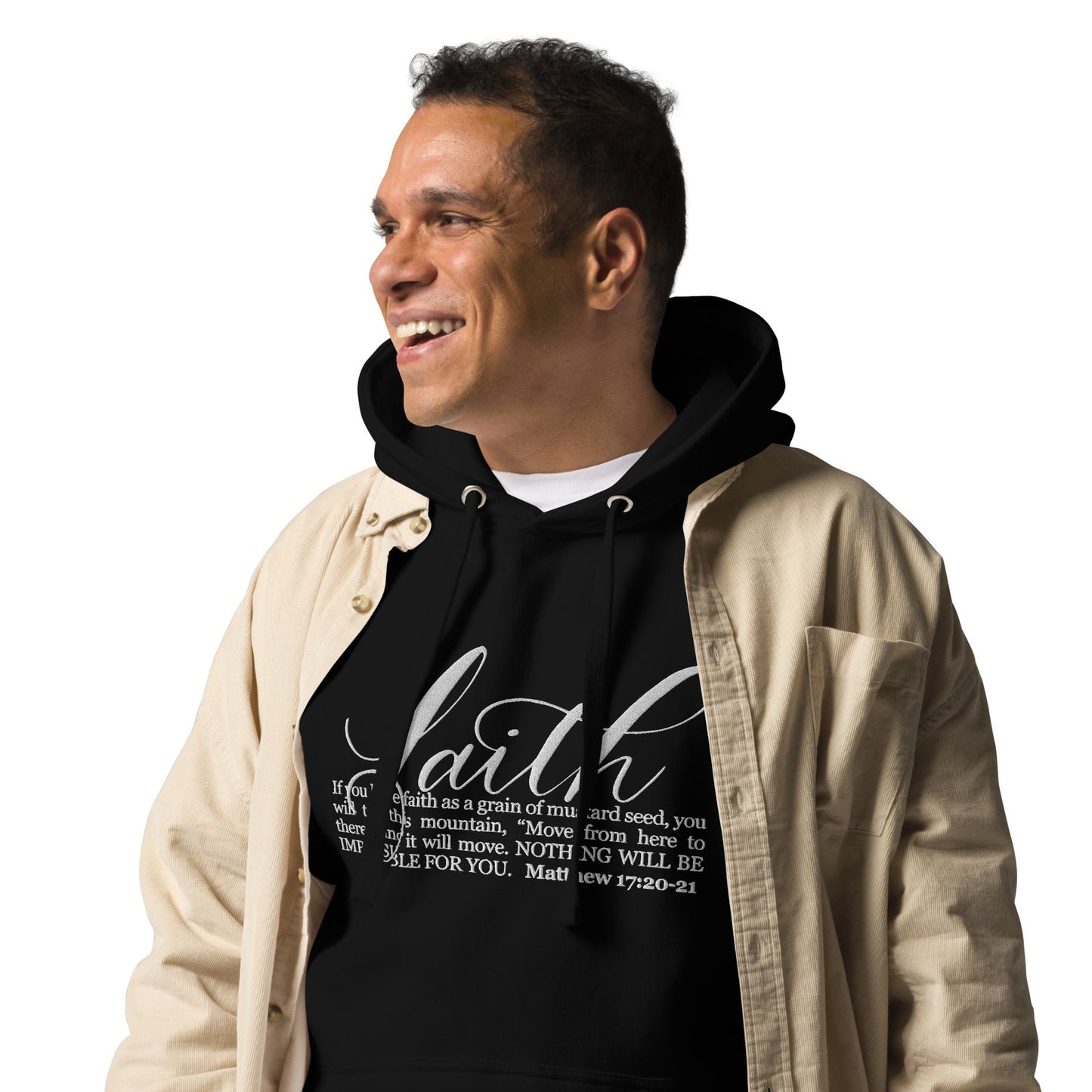 FAITH | Script & Scripture Premium Embroidered Hoodie - Matthew 17 (BLACK/WHITE)