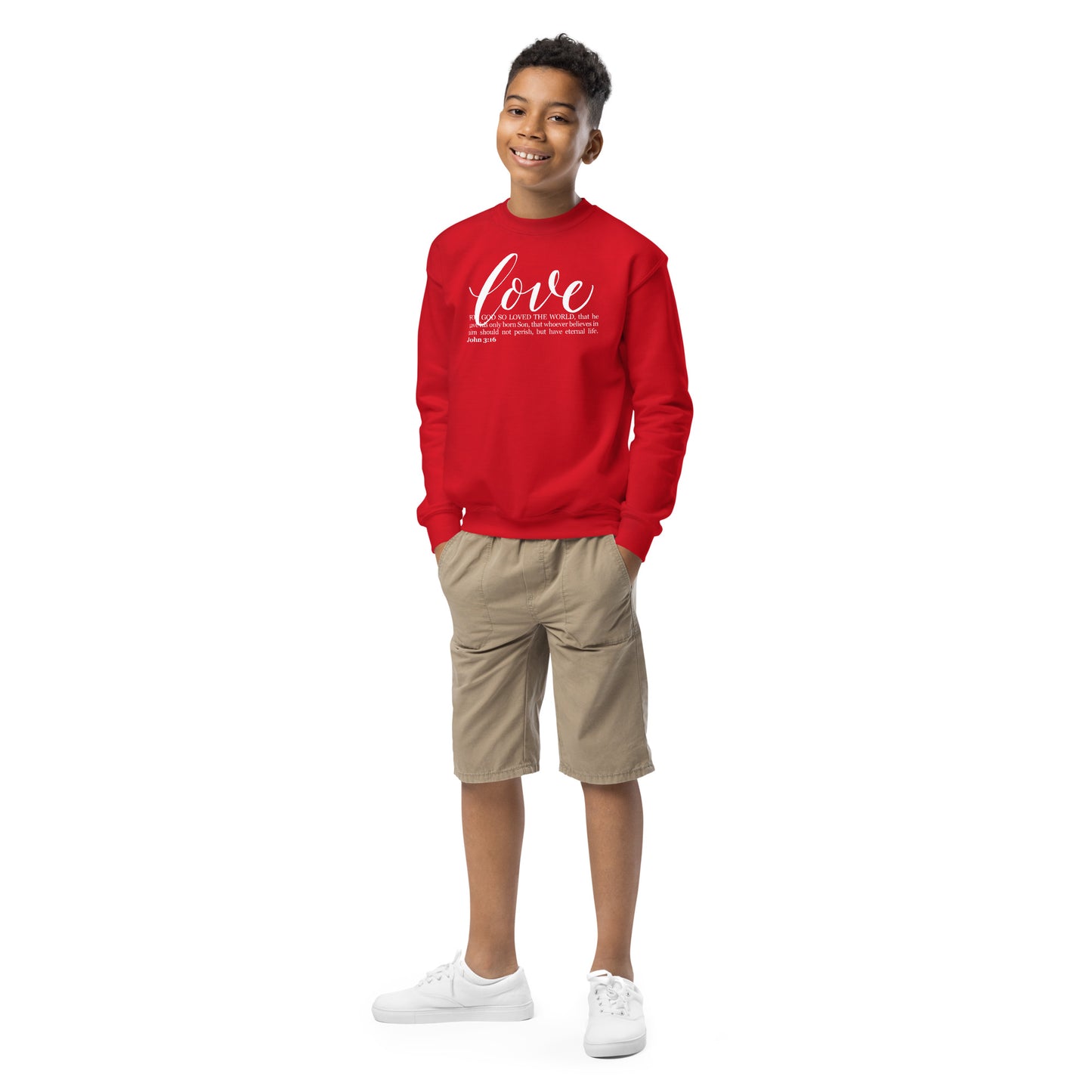 LOVE | Script & Scripture YOUTH crewneck sweatshirt - John 3:16 (RED/WHITE)