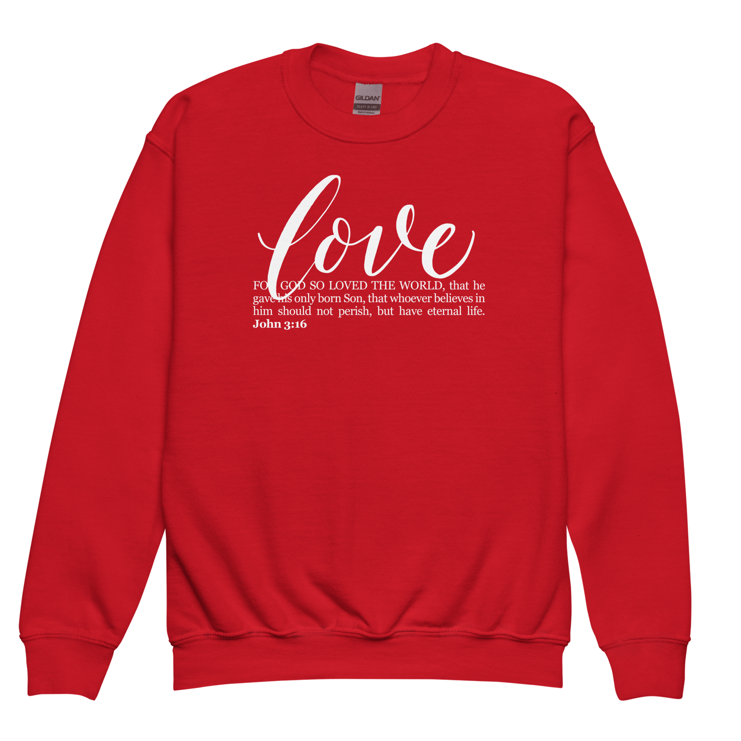 LOVE | Script & Scripture YOUTH crewneck sweatshirt - John 3:16 (RED/WHITE)