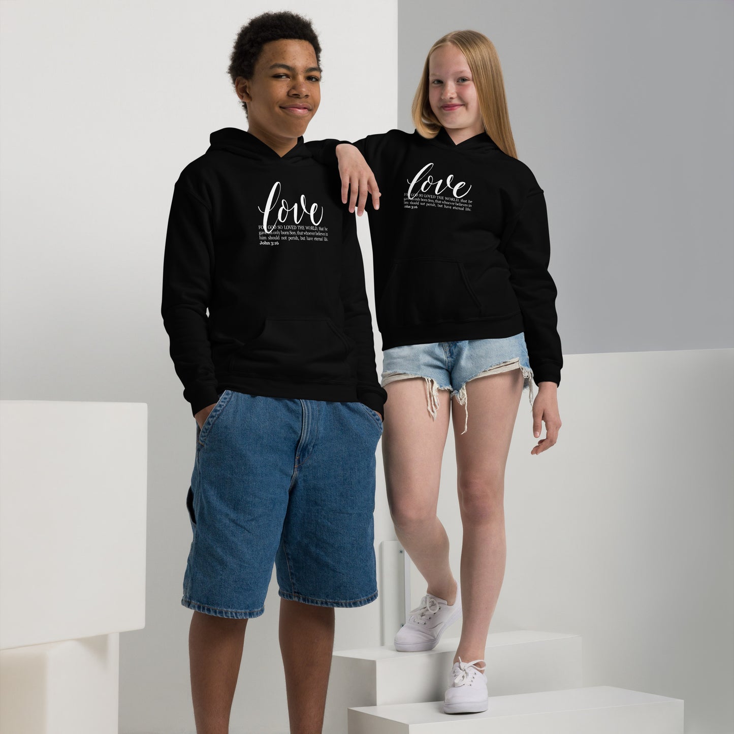 LOVE | Script & Scripture YOUTH heavy blend hoodie - John 3:16 (BLACK/WHITE)