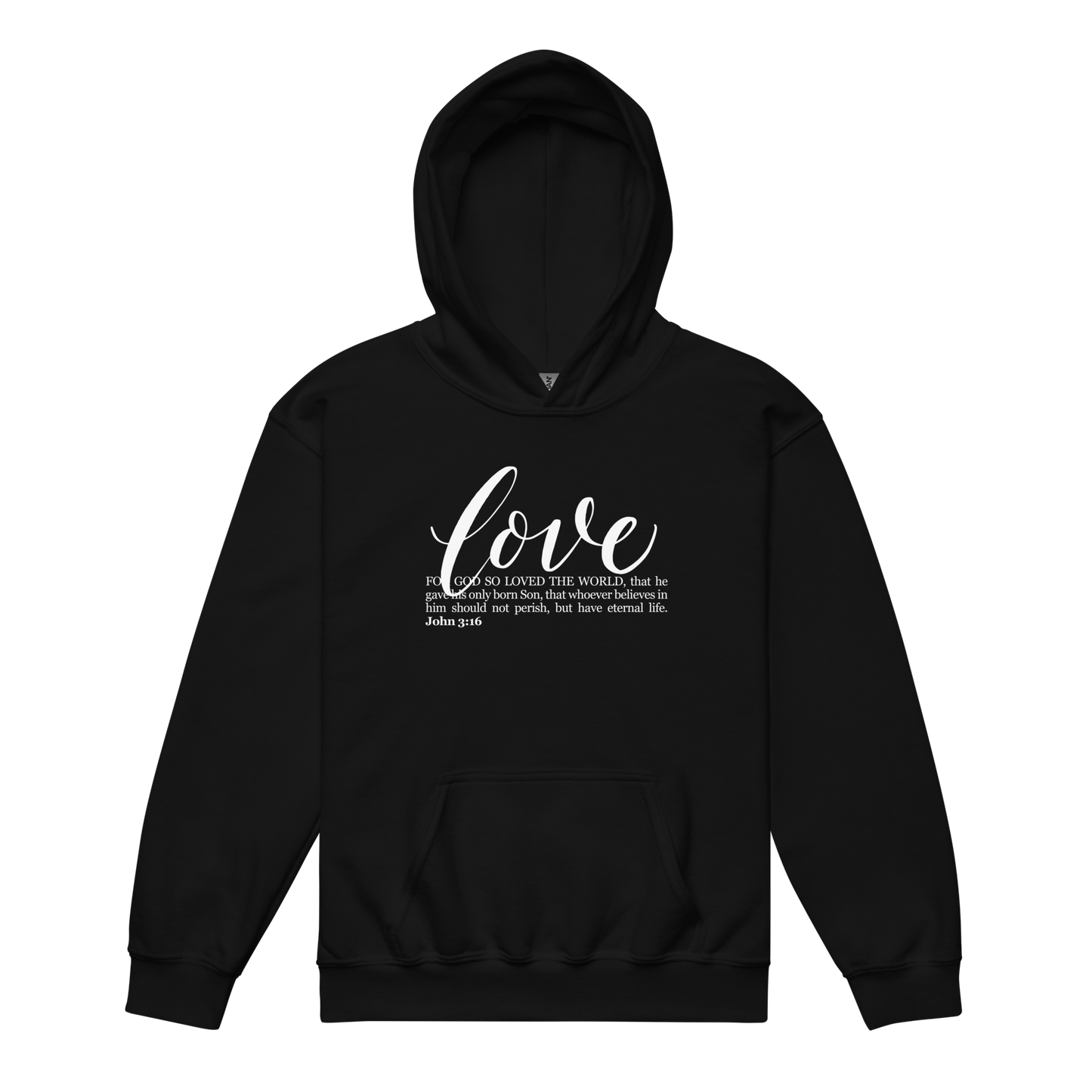 LOVE | Script & Scripture YOUTH heavy blend hoodie - John 3:16 (BLACK/WHITE)