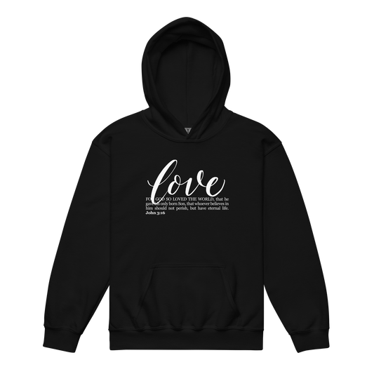 LOVE | Script & Scripture YOUTH heavy blend hoodie - John 3:16 (BLACK/WHITE)